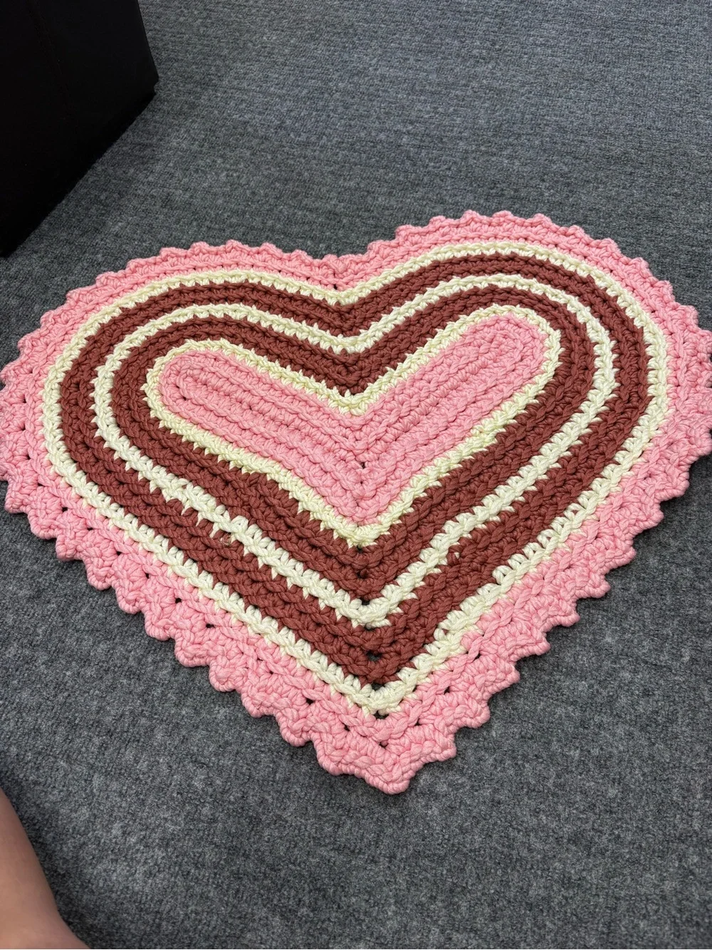Hand Crafted Heart Crochet Door Mat in Pink, Brown, Cream